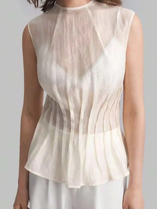 Tops - Organza semi sheer Ivory Cream Pleated Women's Top
